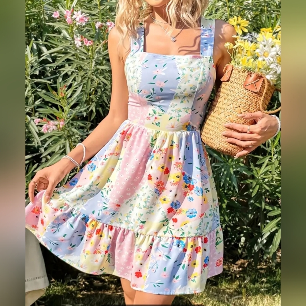 [New] 🩵🩷💛Floral Print Wide Strap Dress, Elegant Bow Tie Back Sleeveless Dress